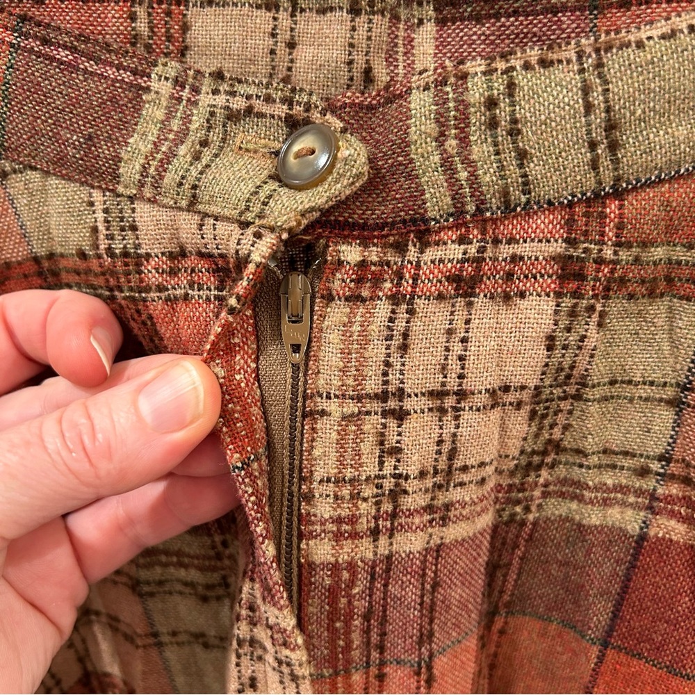 Vintage Wool Boucle Plaid Pleated A-Line Skirt Brown Burnt Orange XS - Picture 9 of 11